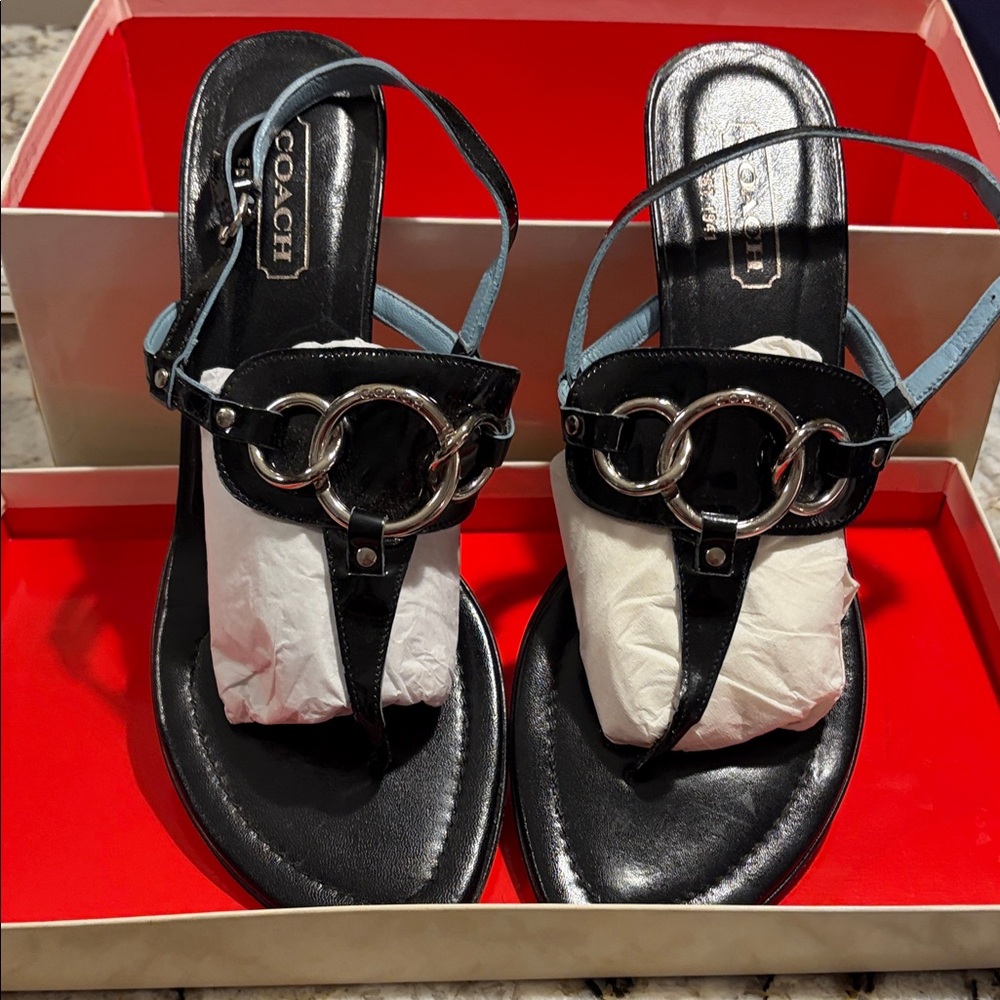 Vintage Coach Black Patent Leather T-Strap Sandals with Silver Rings